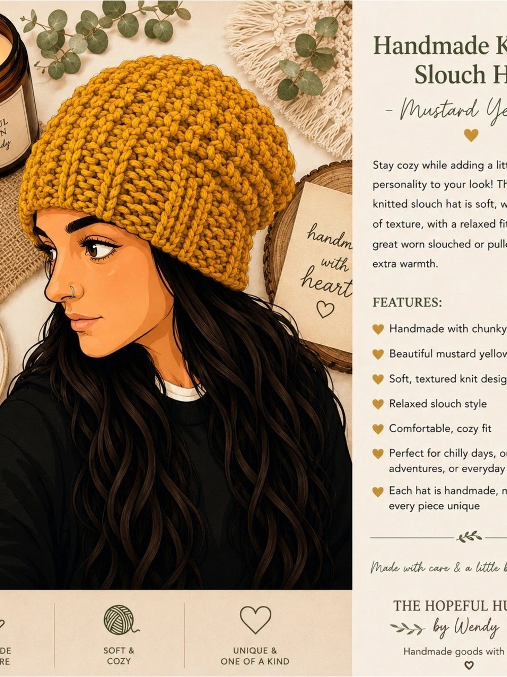 Mustard Yellow & Brown Chunky Knit Hat NWT